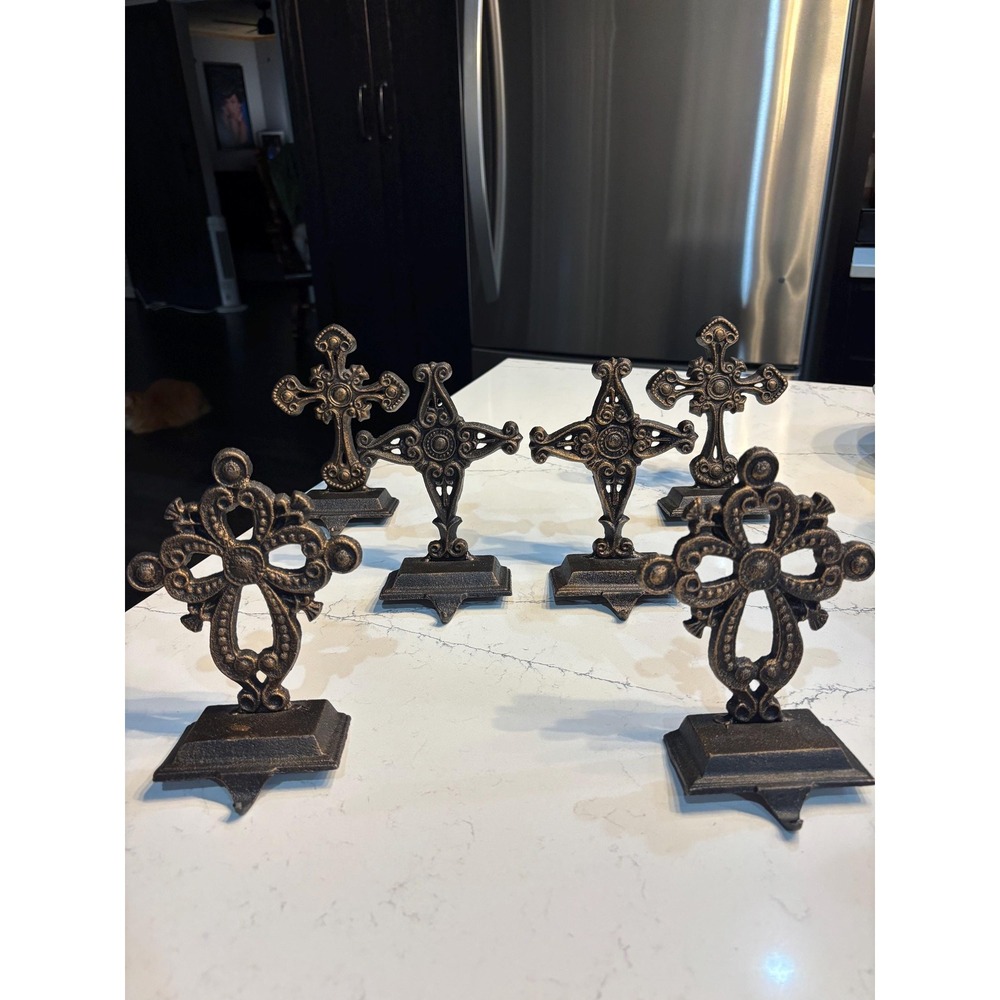 6 - Vintage Gorgeous Cast Iron Cross Stocking Holder Mantle Christmas Heavy